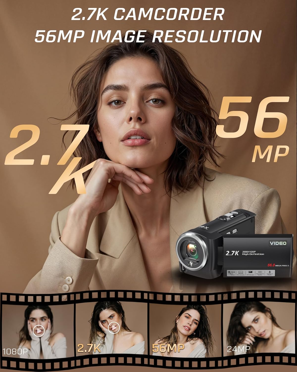 Video Camera Camcorder, QHD 2.7K 56MP 16X Digital Vlogging Camera with LED Fill Light for YouTube, 2.8'' 270° Rotation Screen Camcorder Camera with 32GB Card and Two Batteries - Image 2
