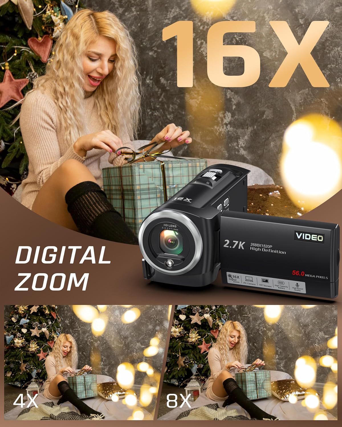 Video Camera Camcorder, QHD 2.7K 56MP 16X Digital Vlogging Camera with LED Fill Light for YouTube, 2.8'' 270° Rotation Screen Camcorder Camera with 32GB Card and Two Batteries - Image 3