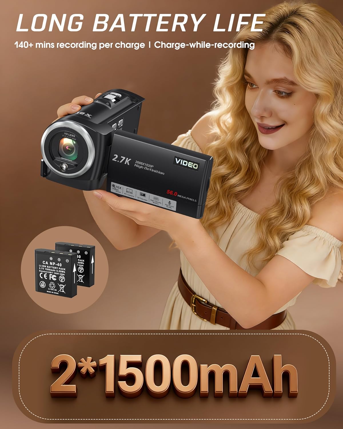 Video Camera Camcorder, QHD 2.7K 56MP 16X Digital Vlogging Camera with LED Fill Light for YouTube, 2.8'' 270° Rotation Screen Camcorder Camera with 32GB Card and Two Batteries - Image 6