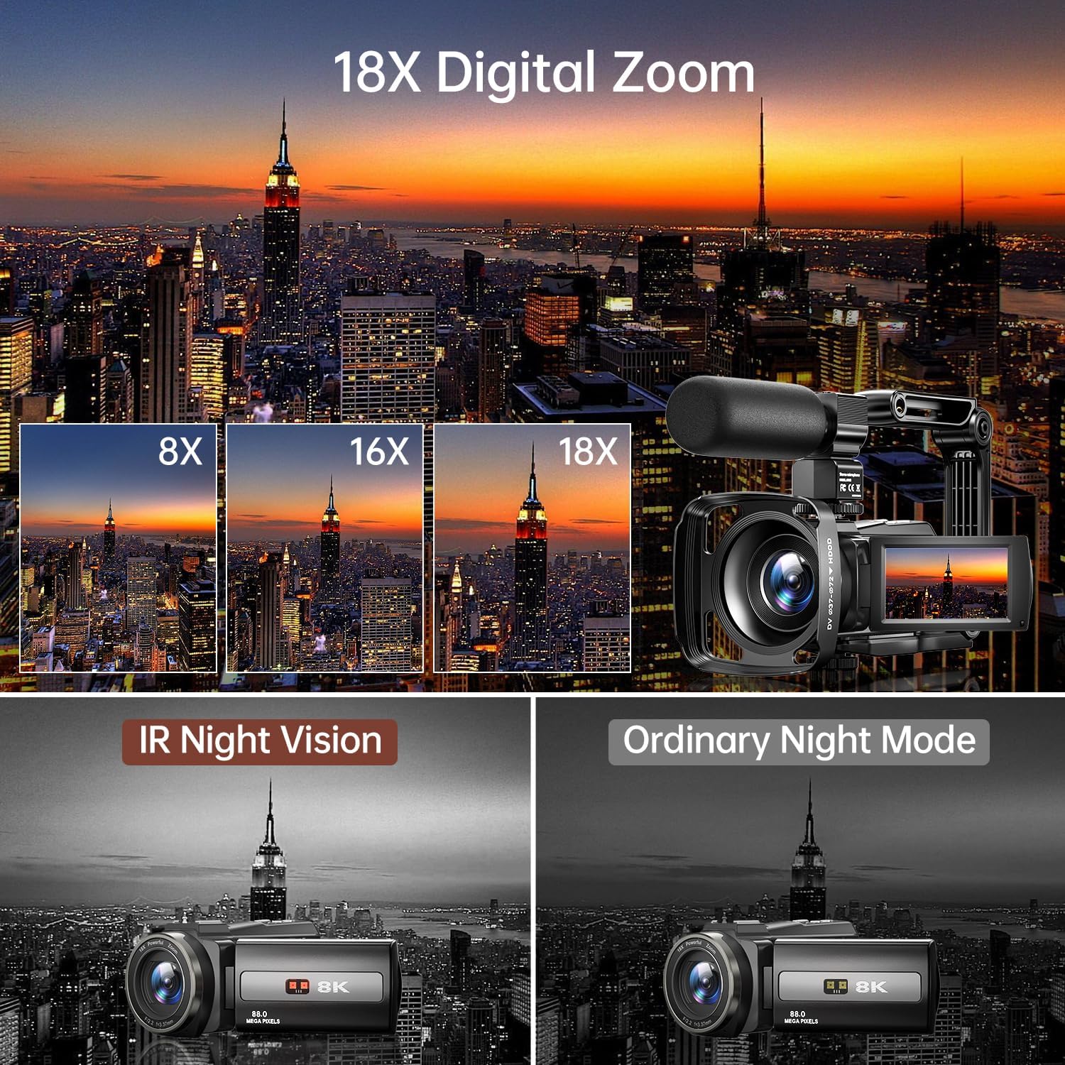 FlyFrost 8K Video Camera 88MP UHD WiFi Vlogging Cameras for YouTube 18X Digital Zoom IR Night Vision 3.0'' Touch Screen Camcorder with Microphone, Lens Hood, Stabilizer, Remote, Two Batteries - Image 4