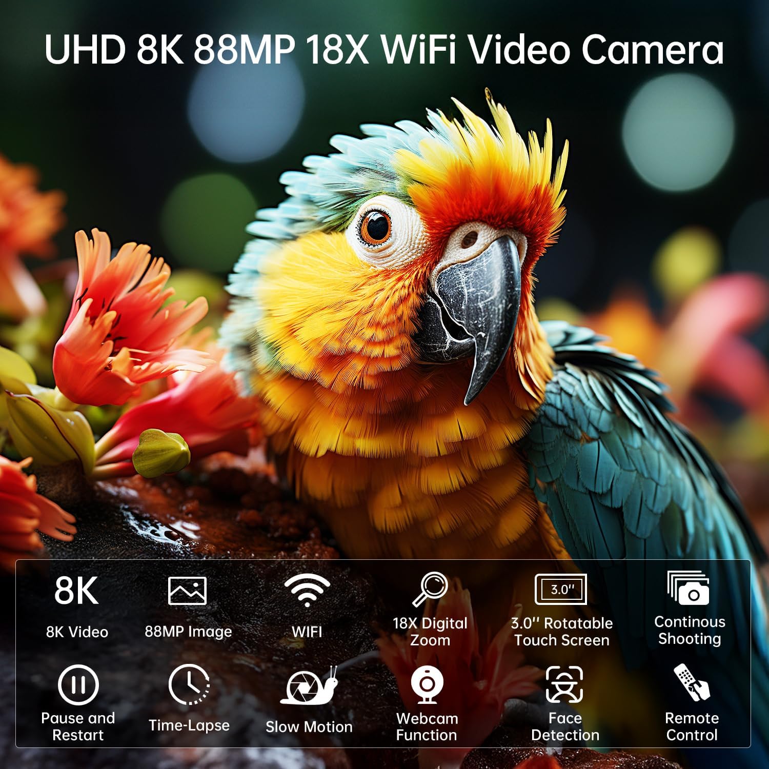 FlyFrost 8K Video Camera 88MP UHD WiFi Vlogging Cameras for YouTube 18X Digital Zoom IR Night Vision 3.0'' Touch Screen Camcorder with Microphone, Lens Hood, Stabilizer, Remote, Two Batteries - Image 5