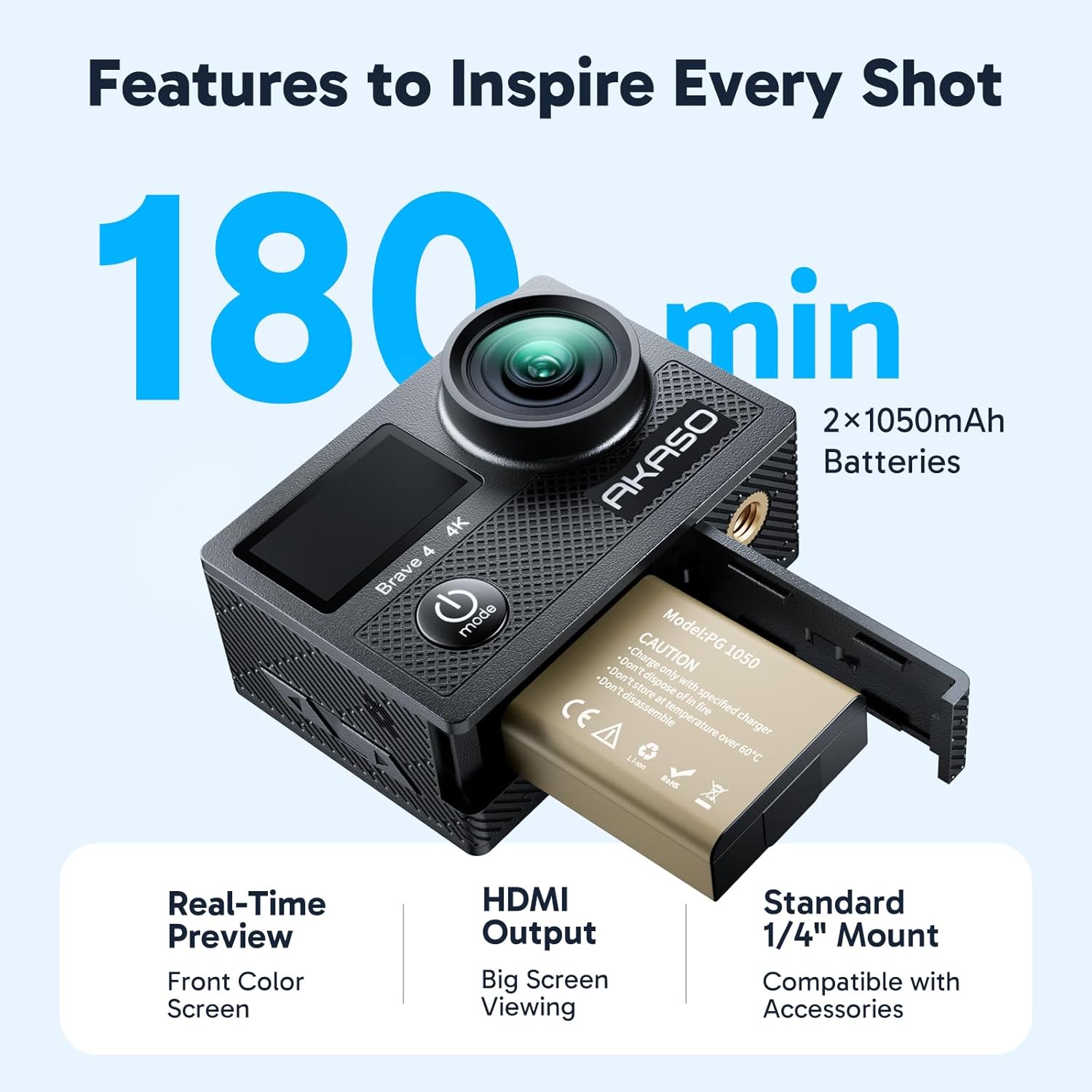 AKASO Brave 4 Action Camera 4K 30fps Ultra Hd Video 20MP Photo, EIS, WiFi, 2X Batteries, Waterproof Underwater Camera, Camcorder Bundle for Snorkel, Travel, Motorcycle, Bicycle, Helmet Accessories Kit - Image 7
