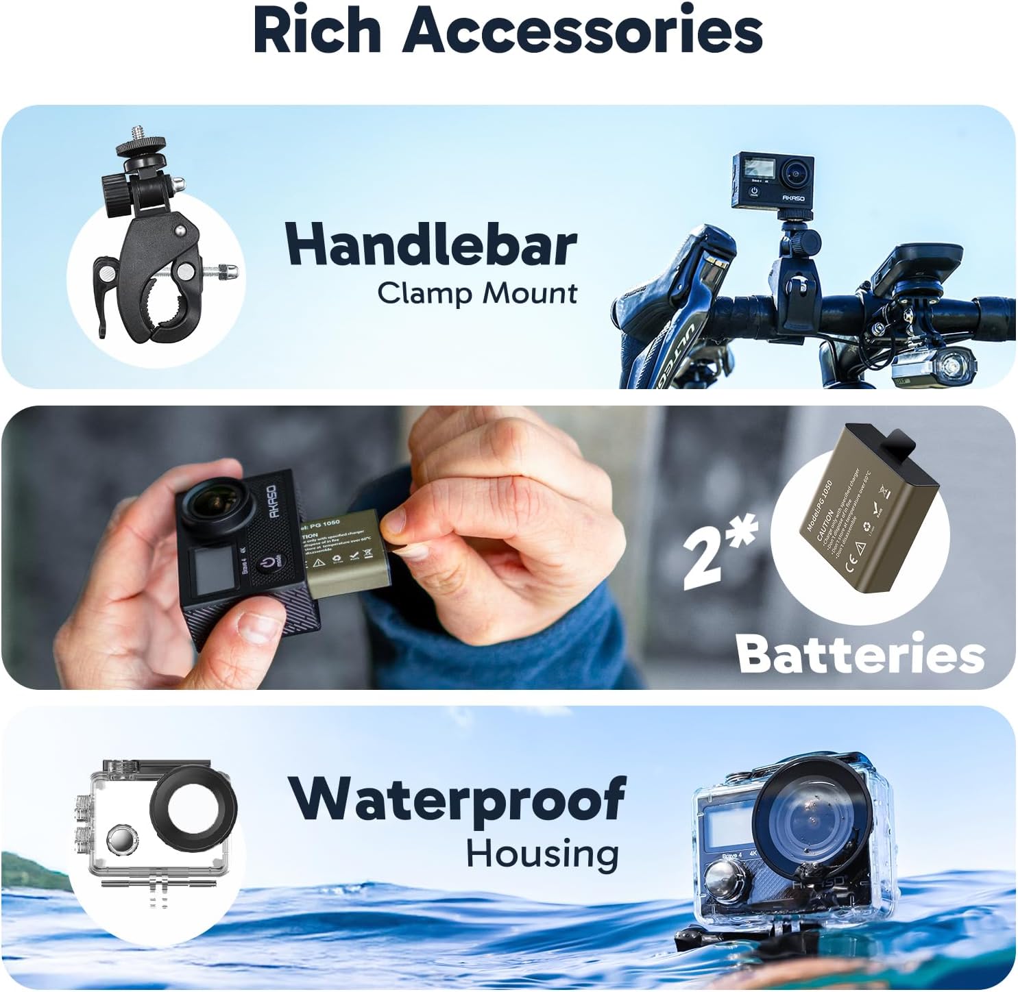AKASO Brave 4 Action Camera 4K 30fps Ultra Hd Video 20MP Photo, EIS, WiFi, 2X Batteries, Waterproof Underwater Camera, Camcorder Bundle for Snorkel, Travel, Motorcycle, Bicycle, Helmet Accessories Kit - Image 8